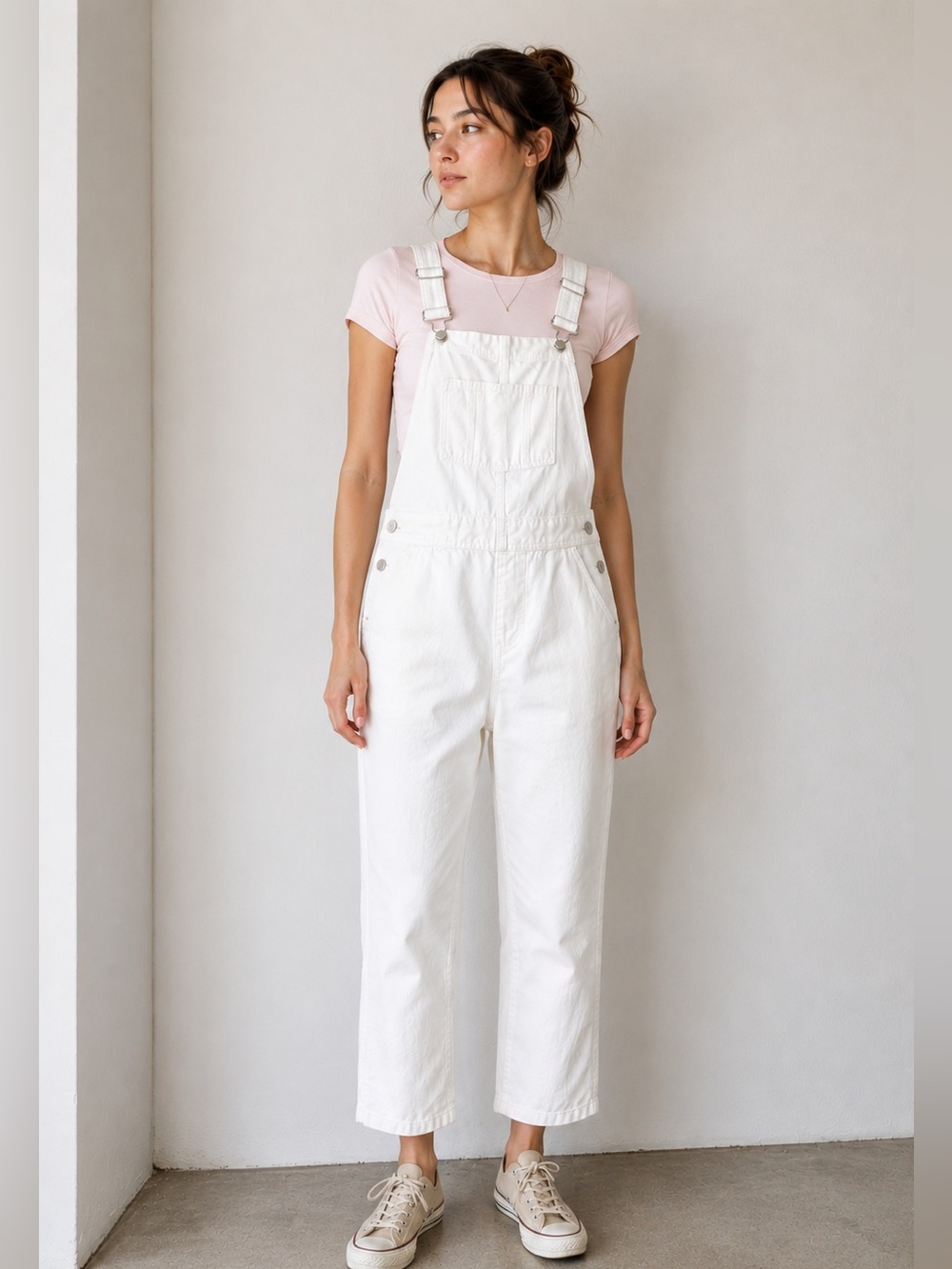 White Utility Overalls Cropped Workwear Coastal Minimalist M
